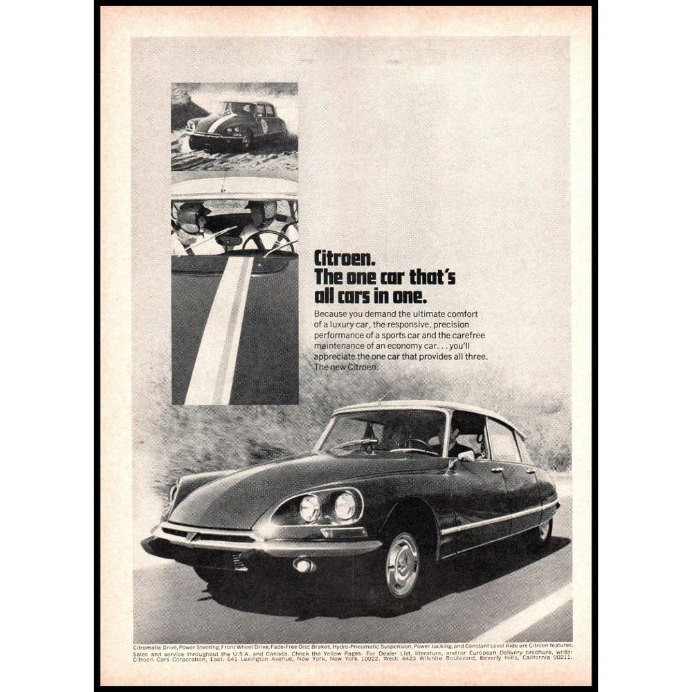 1970 Citroen DS Hardtop Sedan Vintage Print Ad Rally Race Car Wall Art Photo